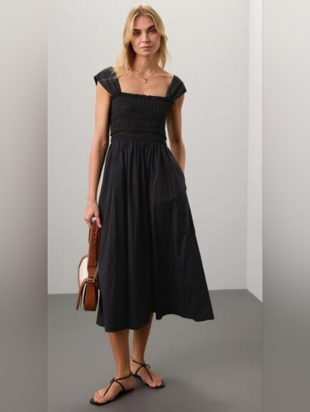 Club MONACO Smocked Square-Neck Midi Dress in Black